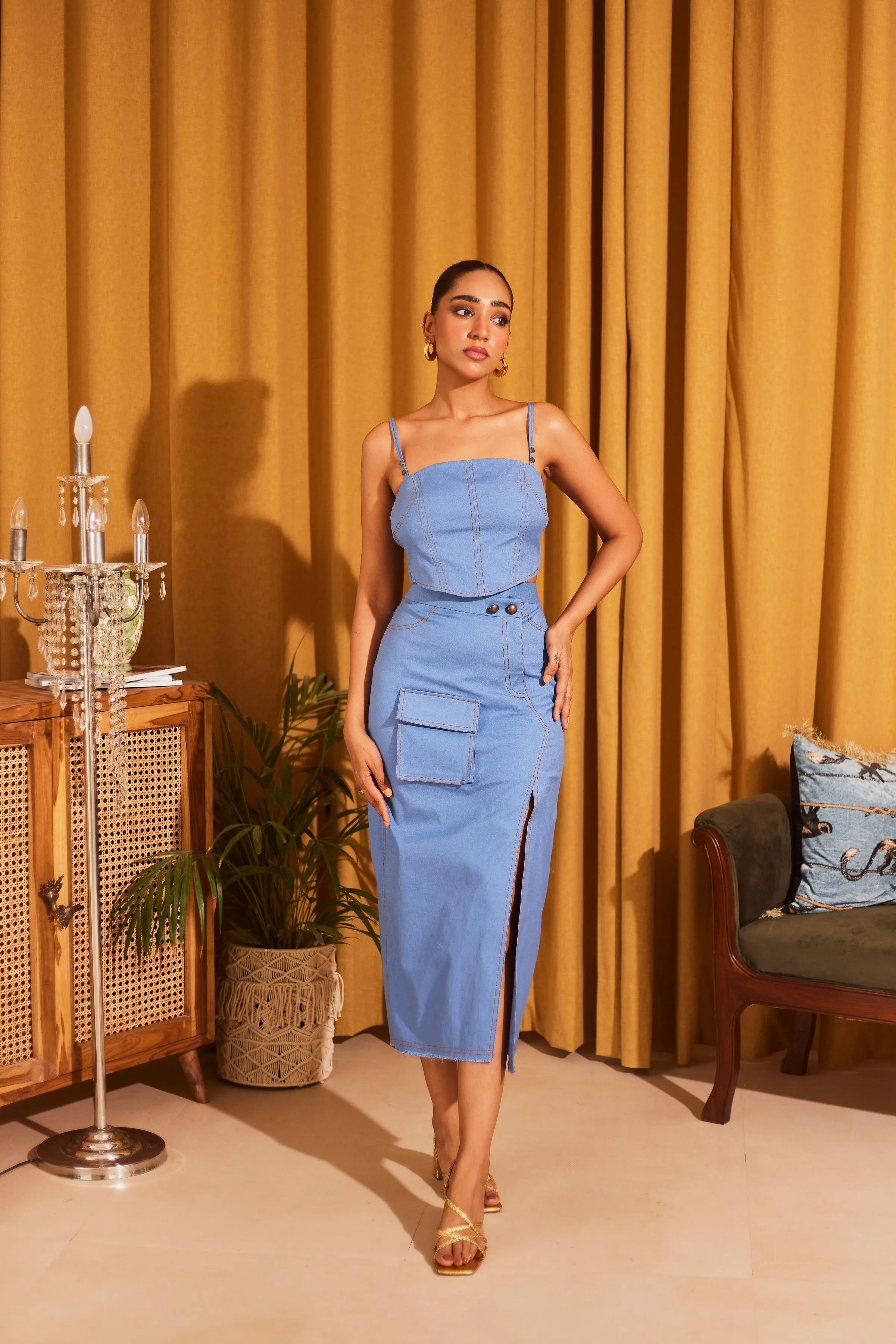 Contrast Stitch Blue Midi Skirt