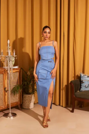 Contrast Stitch Blue Midi Skirt