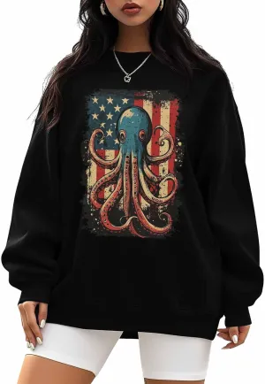 Crewneck Sweatshirts for Women, Retro Octopus Oversized Pullover Casual Long Sleeve Hoodie White