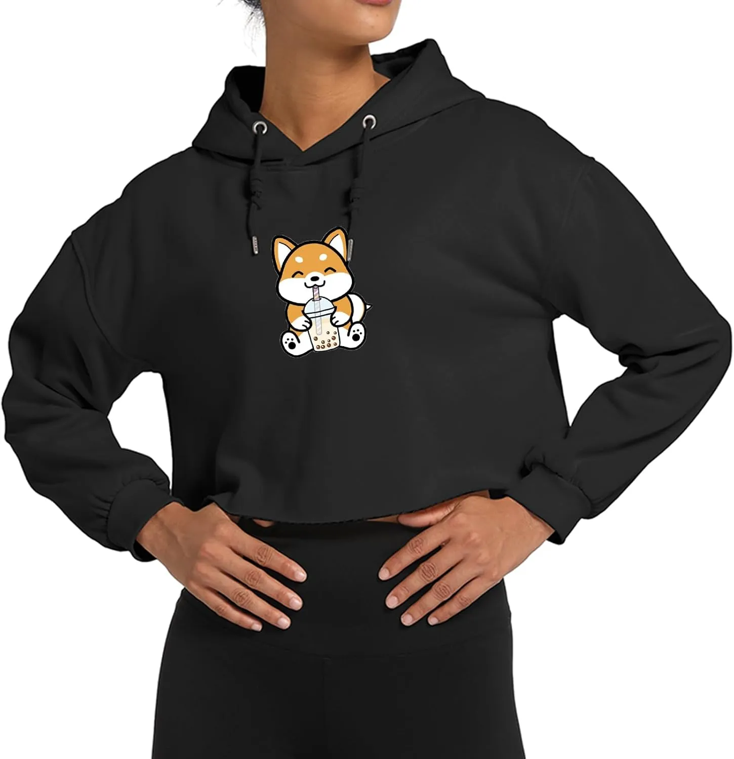 Cute Womens Kawaii Dog Milk Tea Graphic Cropped Hoodie Printed Crop Sweatshirt for Girl Cotton Animal Hoodies