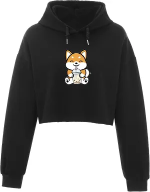 Cute Womens Kawaii Dog Milk Tea Graphic Cropped Hoodie Printed Crop Sweatshirt for Girl Cotton Animal Hoodies