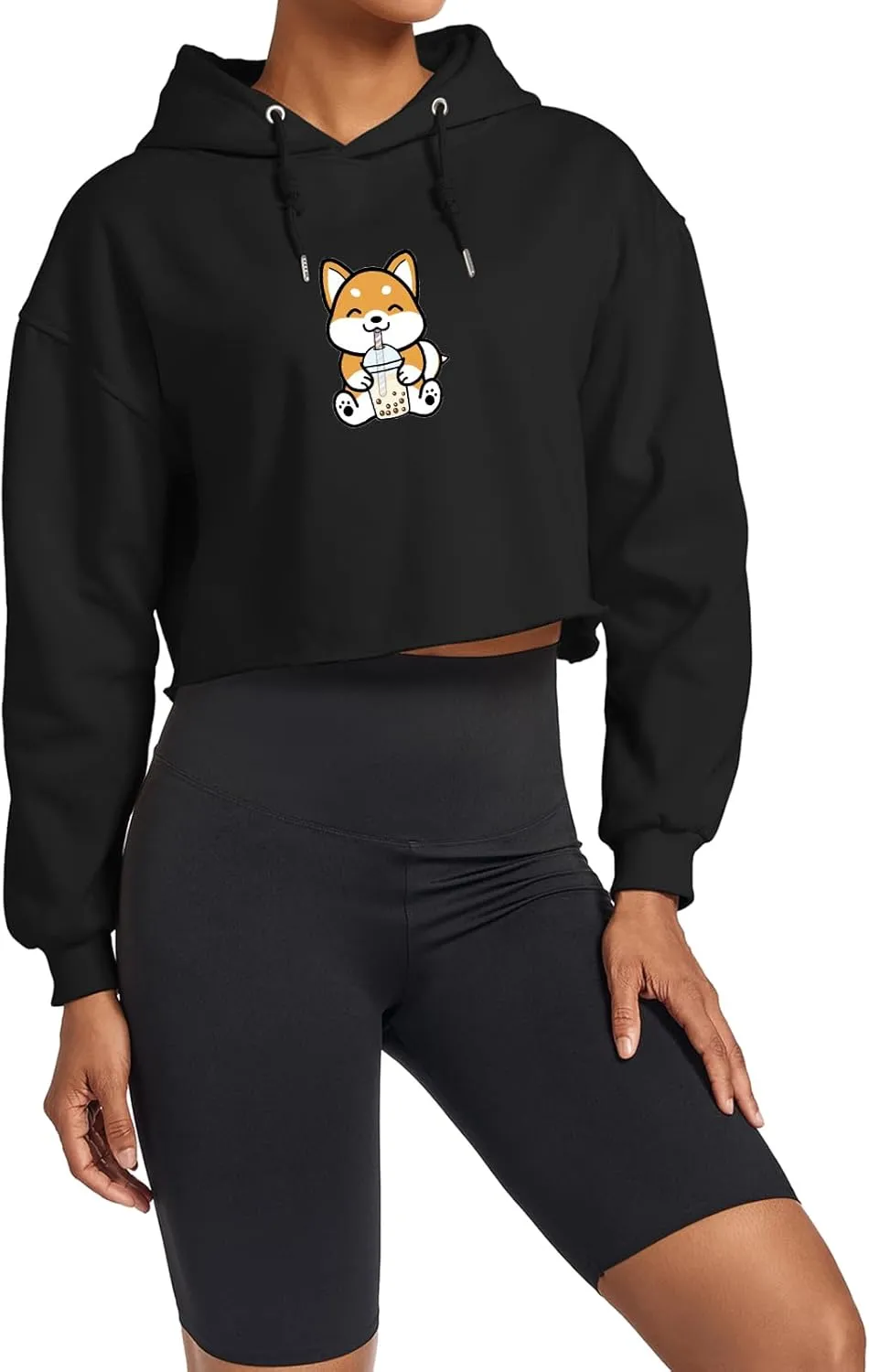 Cute Womens Kawaii Dog Milk Tea Graphic Cropped Hoodie Printed Crop Sweatshirt for Girl Cotton Animal Hoodies