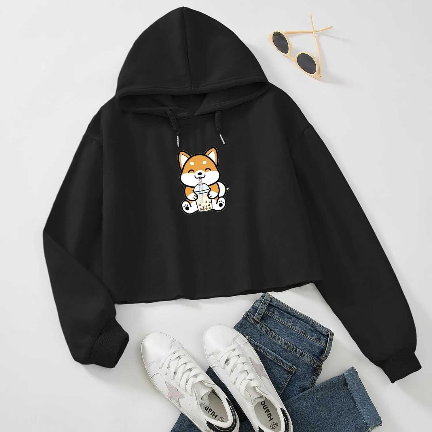 Cute Womens Kawaii Dog Milk Tea Graphic Cropped Hoodie Printed Crop Sweatshirt for Girl Cotton Animal Hoodies