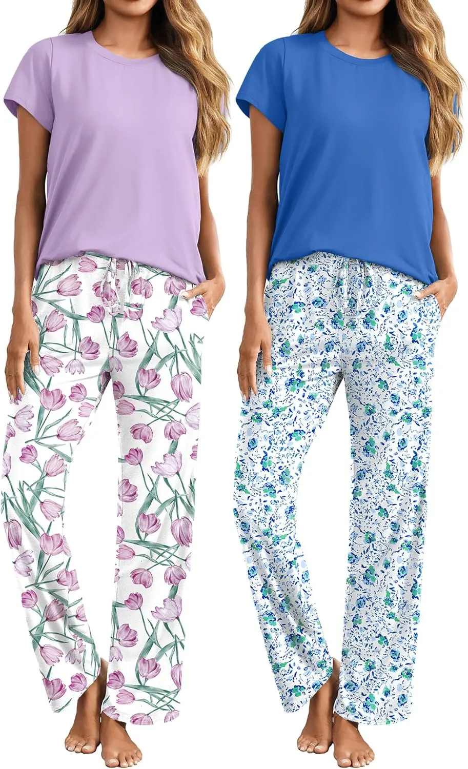 Ekouaer 2 Pack Womens Pajama Sets Short Sleeve Sleepwear Top and Pants 4 Piece Pjs Lounge Sets with Pockets
