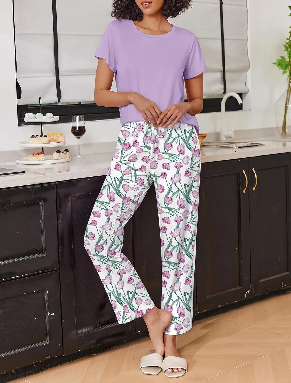 Ekouaer 2 Pack Womens Pajama Sets Short Sleeve Sleepwear Top and Pants 4 Piece Pjs Lounge Sets with Pockets