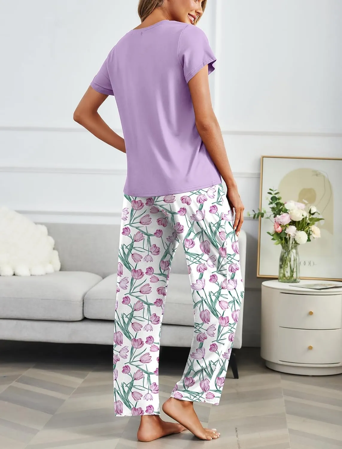 Ekouaer 2 Pack Womens Pajama Sets Short Sleeve Sleepwear Top and Pants 4 Piece Pjs Lounge Sets with Pockets