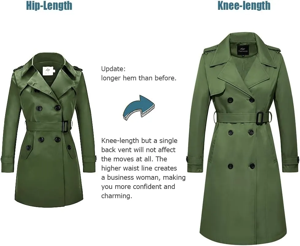 FARVALUE Women's Long Trenchcoat Double Breasted Trench Coat Water Resistant Classic Peacoat with Belt