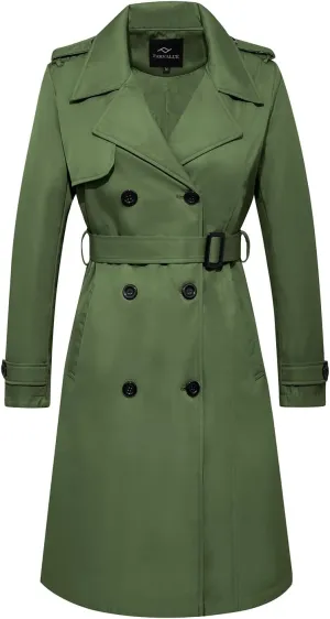 FARVALUE Women's Long Trenchcoat Double Breasted Trench Coat Water Resistant Classic Peacoat with Belt