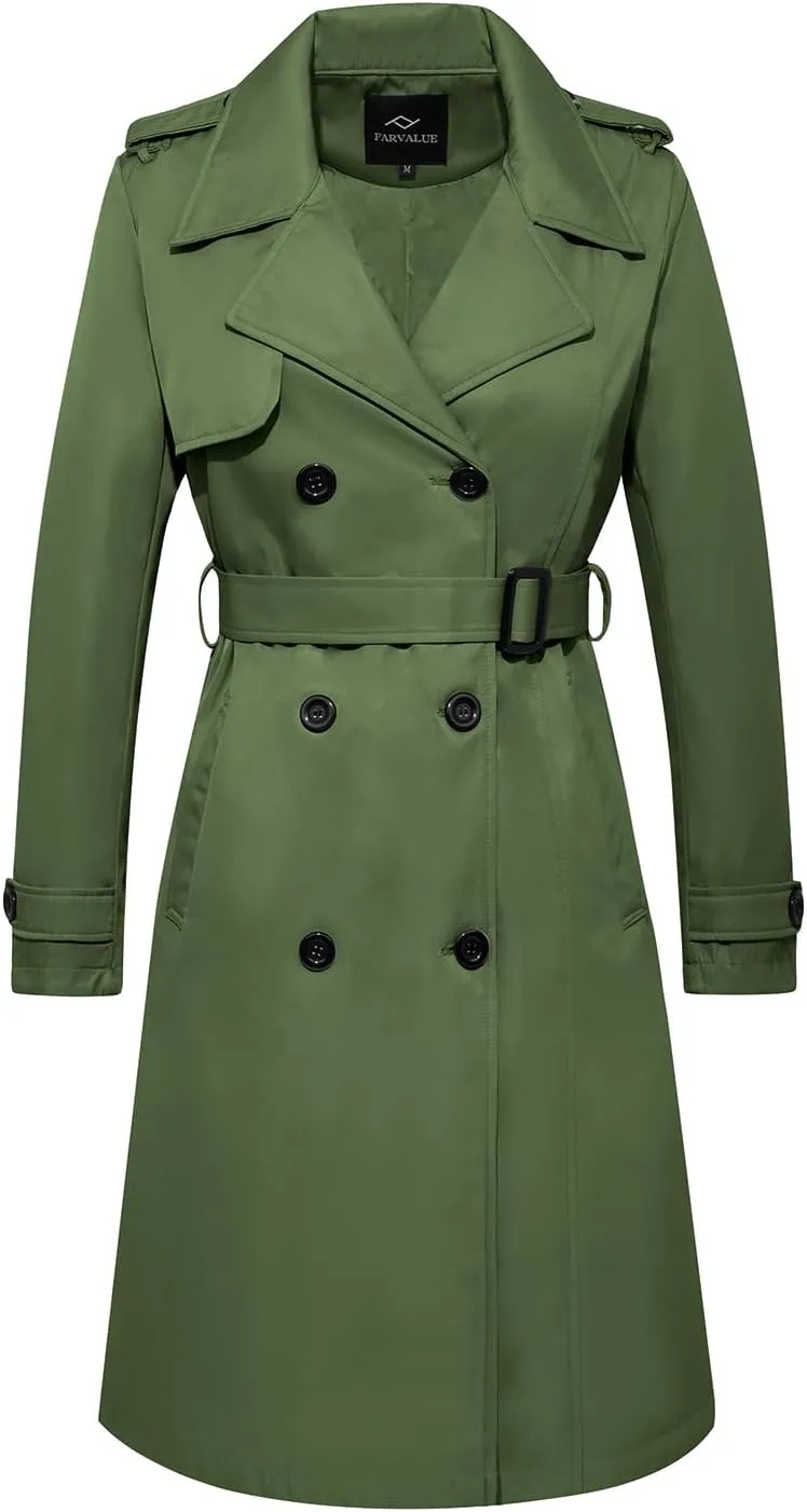 FARVALUE Women's Long Trenchcoat Double Breasted Trench Coat Water Resistant Classic Peacoat with Belt