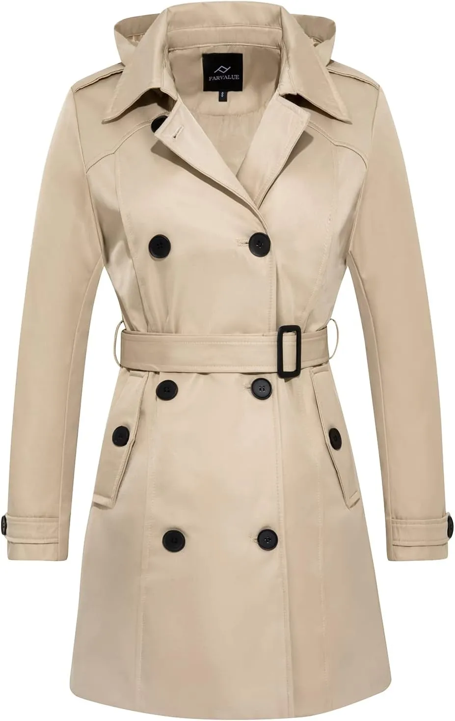 FARVALUE Women's Waterproof Trench Coat Winter Double Breasted Windbreaker Classic Belted Lapel Overcoat
