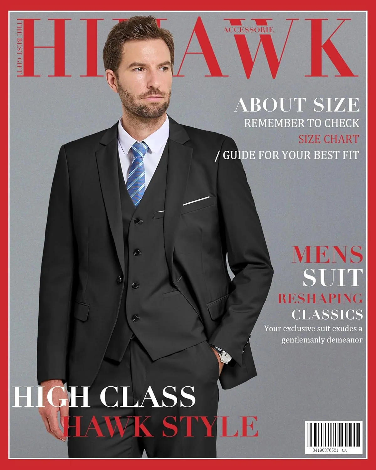 Hihawk Men's Slim Fit 3 Pieces Suit, One Button Blazer Set, Jacket Vest and Pants for Wedding Party Business Prom