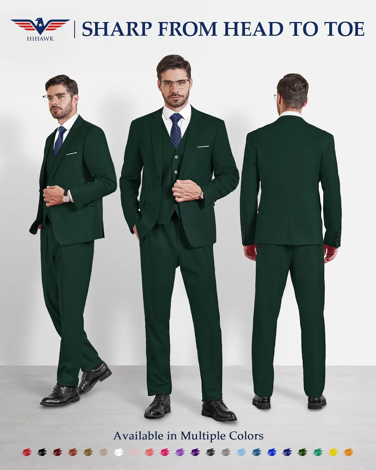Hihawk Men's Slim Fit 3 Pieces Suit, One Button Blazer Set, Jacket Vest and Pants for Wedding Party Business Prom