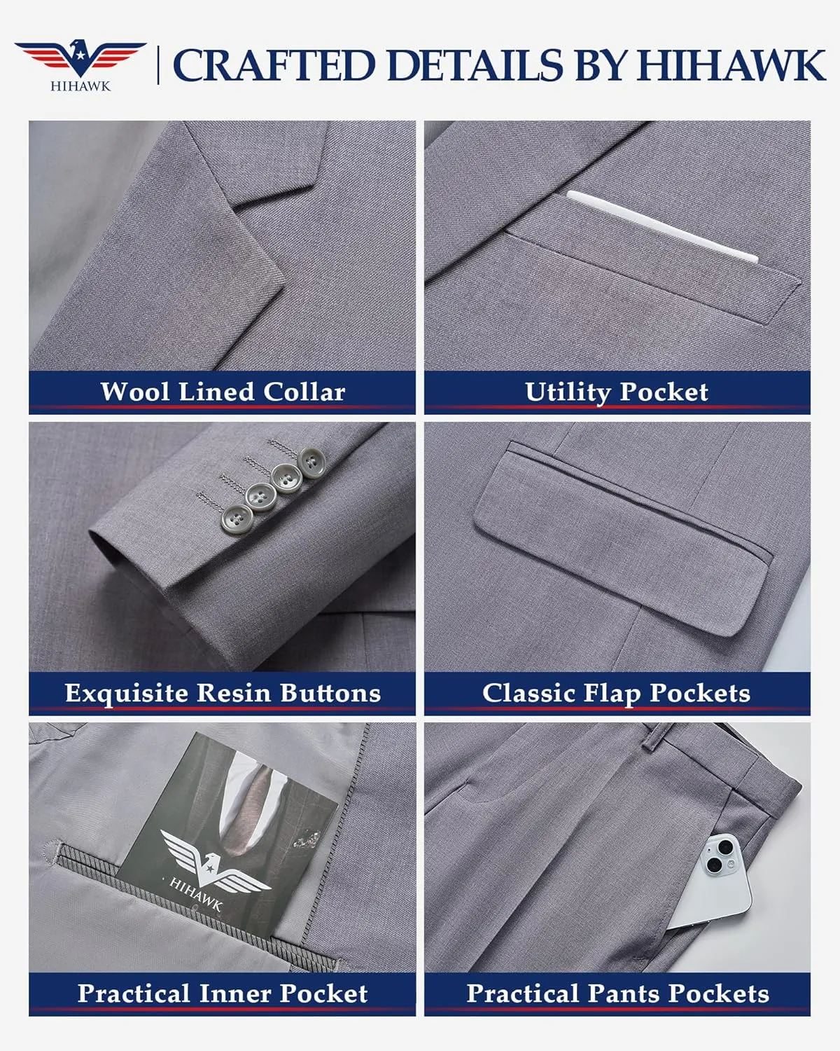 Hihawk Men's Slim Fit 3 Pieces Suit, One Button Blazer Set, Jacket Vest and Pants for Wedding Party Business Prom
