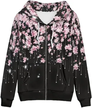 Irisjudy Sunflowers Women Hoodies for Running,Hiking,Jogging, Butterfly,Galaxy Stars Print Zip up Sport Coat with Pocket