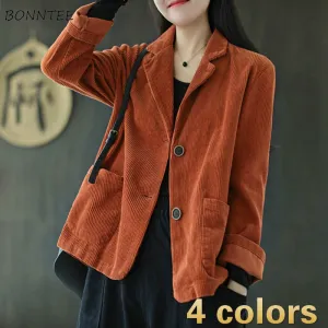 Joskaa Christmas Gift Blazers Women Corduroy Daily Popular Oversized Notched Vintage Pure Harajuku Simple Stylish Autumn All-match Retro Ins College