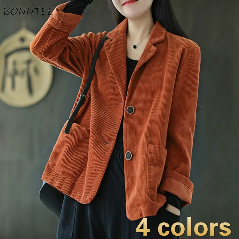 Joskaa Christmas Gift Blazers Women Corduroy Daily Popular Oversized Notched Vintage Pure Harajuku Simple Stylish Autumn All-match Retro Ins College