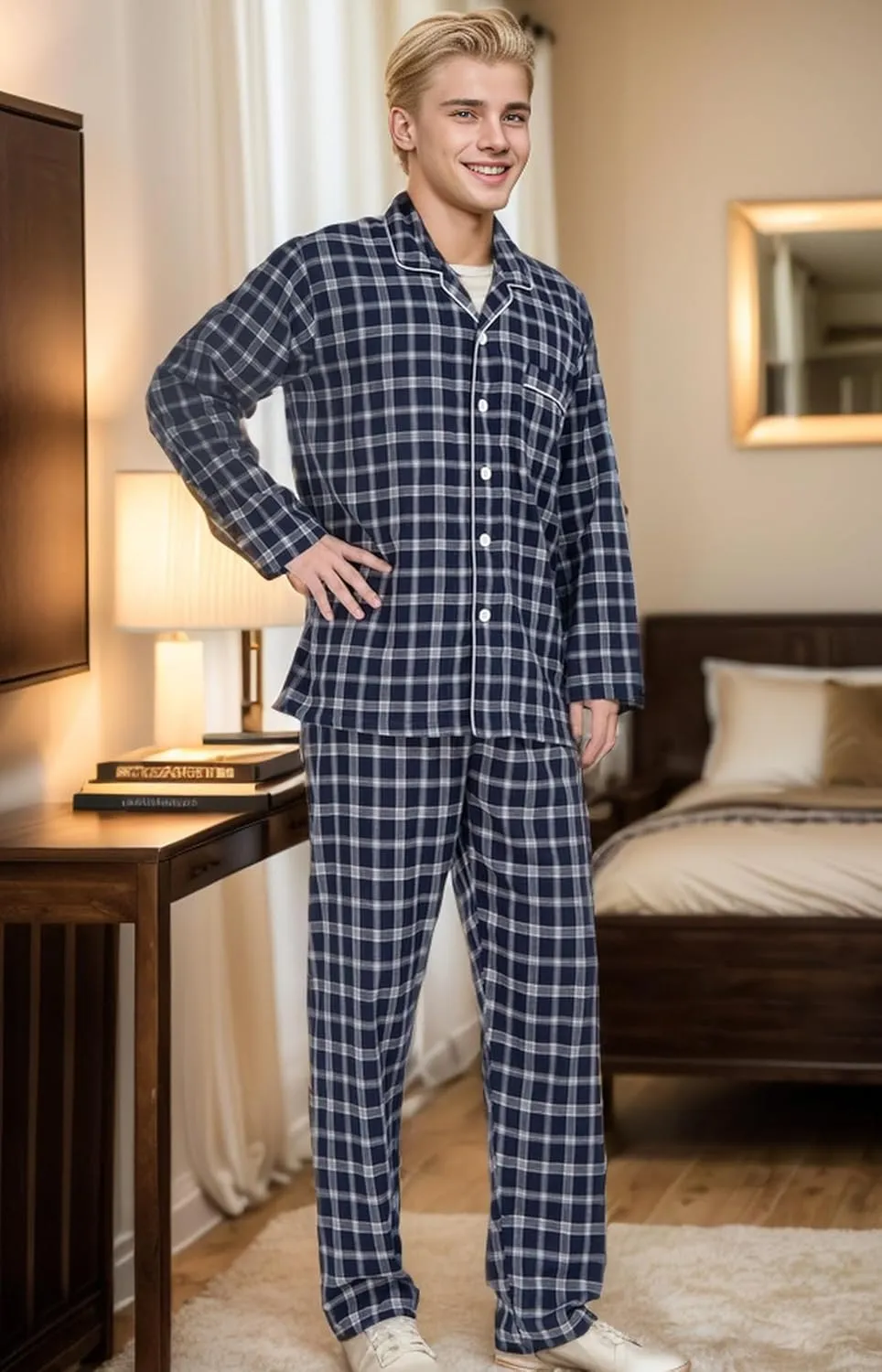 JSTEX Fannel Pajamas for Men 100% Cotton Pajama Set Long Sleeve Button Down Men's Sleepwear Soft Mens Pjs Set