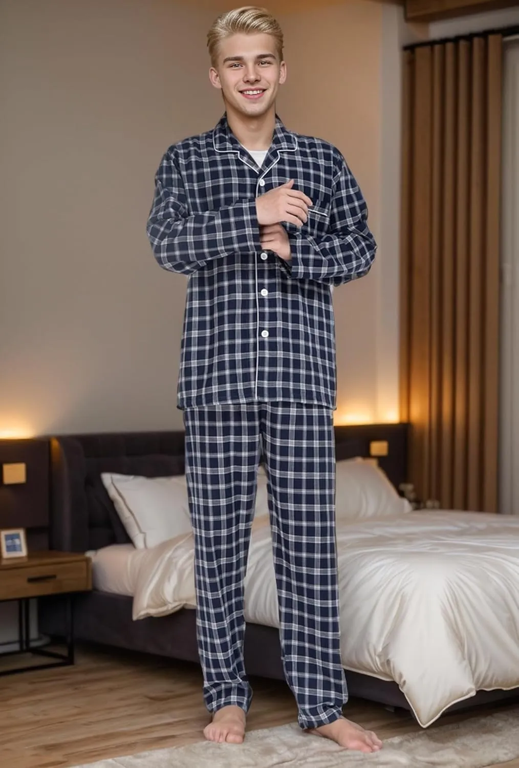 JSTEX Fannel Pajamas for Men 100% Cotton Pajama Set Long Sleeve Button Down Men's Sleepwear Soft Mens Pjs Set
