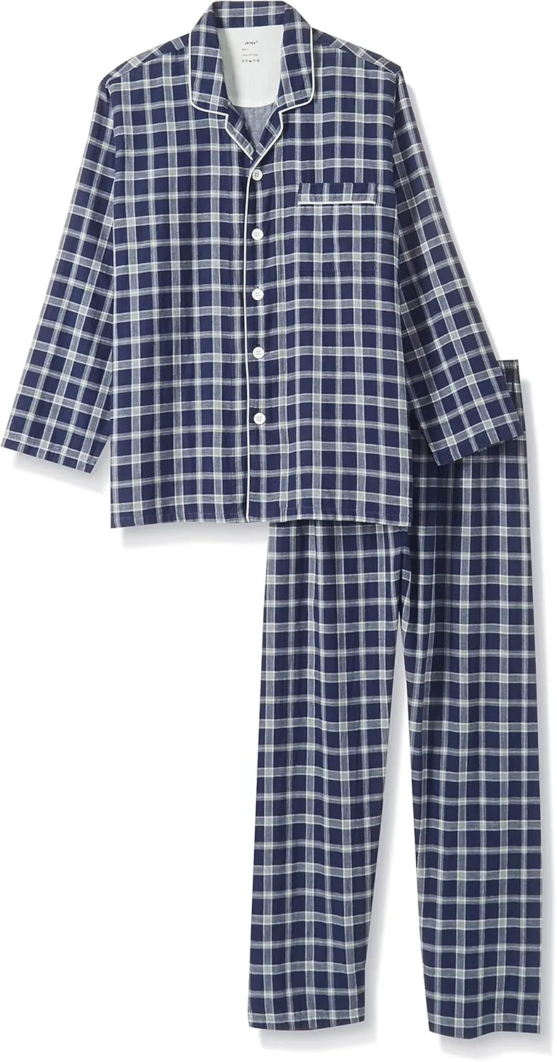 JSTEX Fannel Pajamas for Men 100% Cotton Pajama Set Long Sleeve Button Down Men's Sleepwear Soft Mens Pjs Set