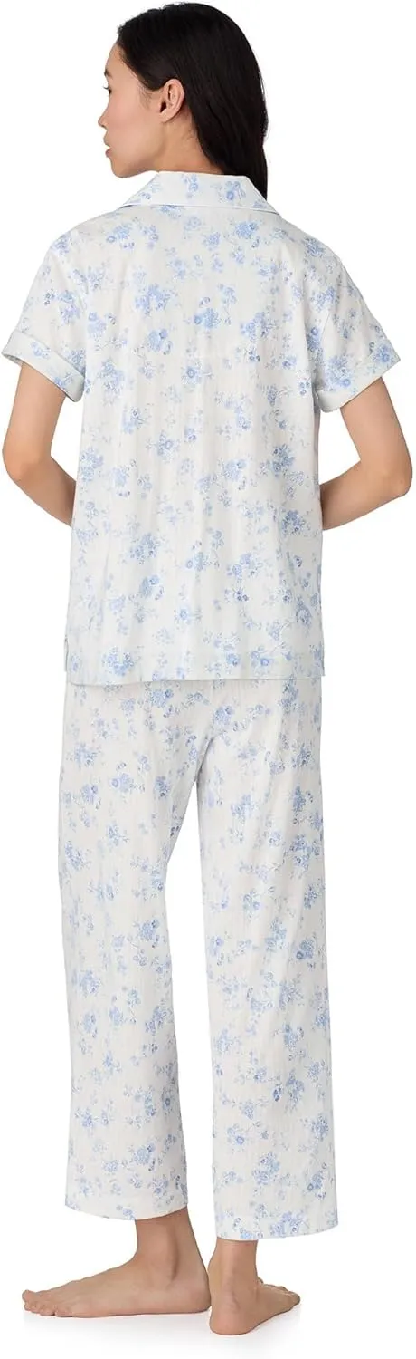 Lauren Ralph Lauren Women's Short Sleeve Notch Collar Cropped Pant Pj Set