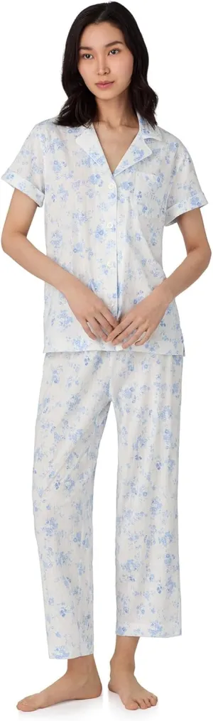Lauren Ralph Lauren Women's Short Sleeve Notch Collar Cropped Pant Pj Set