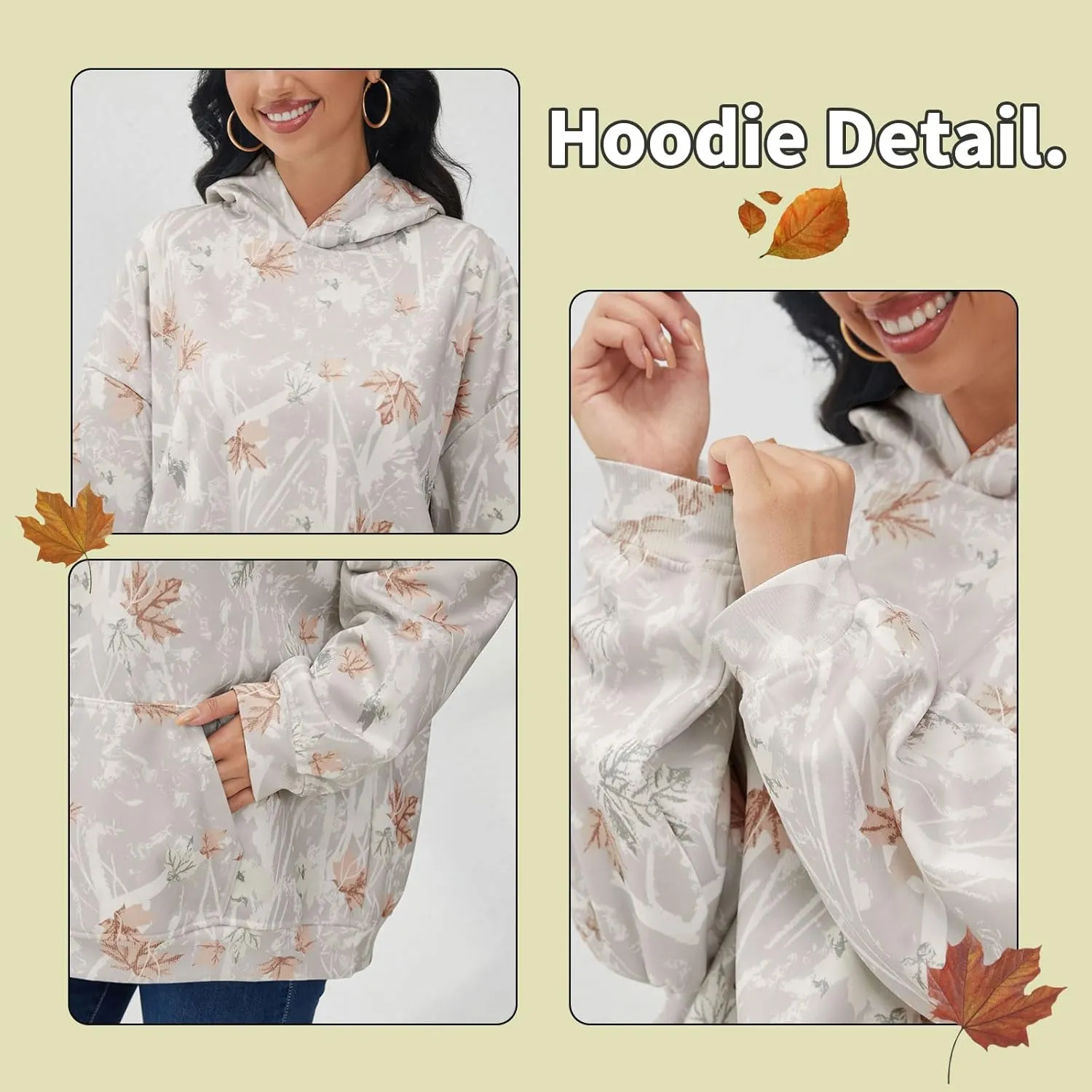 Light Camo Hoodie Womens Maple Leaf Print Sweatshirt for Women Trendy Oversized Fleece Hoodies Pullover with Pockets