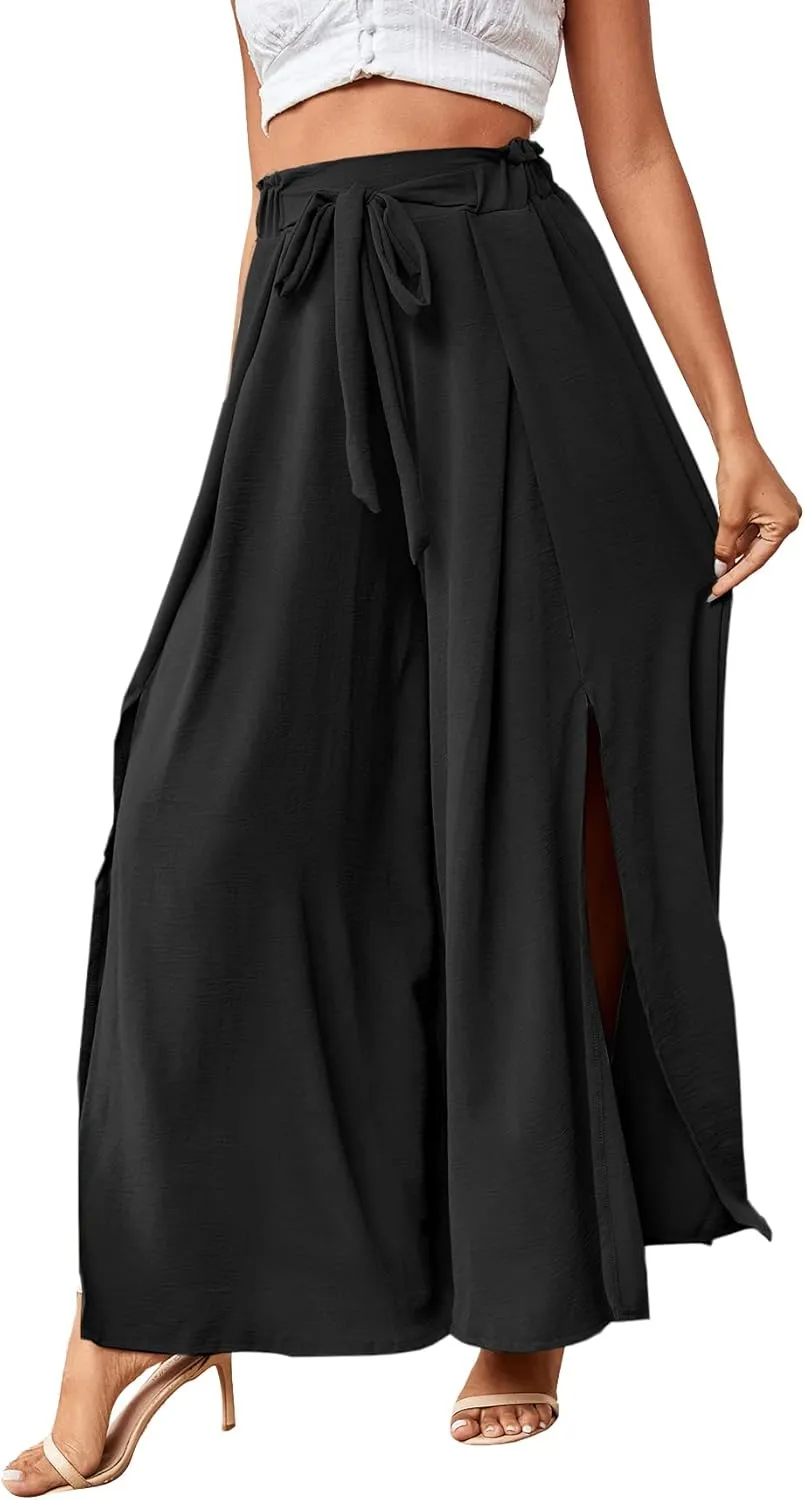LYANER Women's Tie Front High Waist Side Split Slit Flowy Wide Leg Pleated Pant with Belt