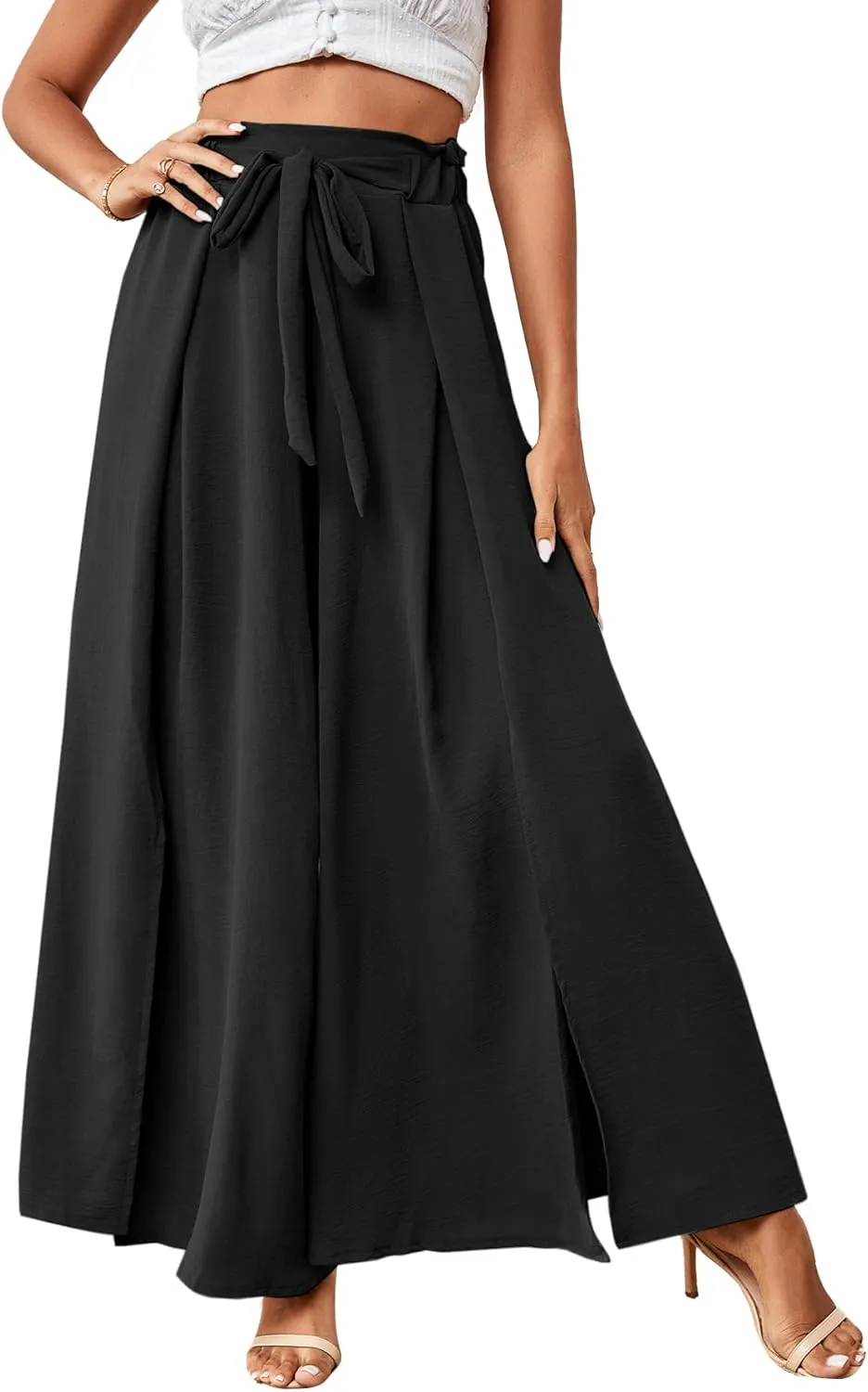 LYANER Women's Tie Front High Waist Side Split Slit Flowy Wide Leg Pleated Pant with Belt
