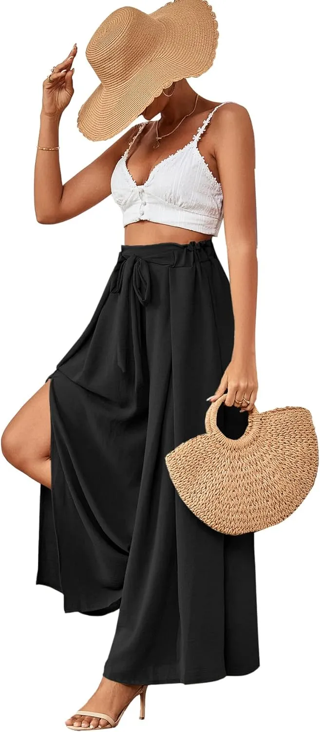 LYANER Women's Tie Front High Waist Side Split Slit Flowy Wide Leg Pleated Pant with Belt