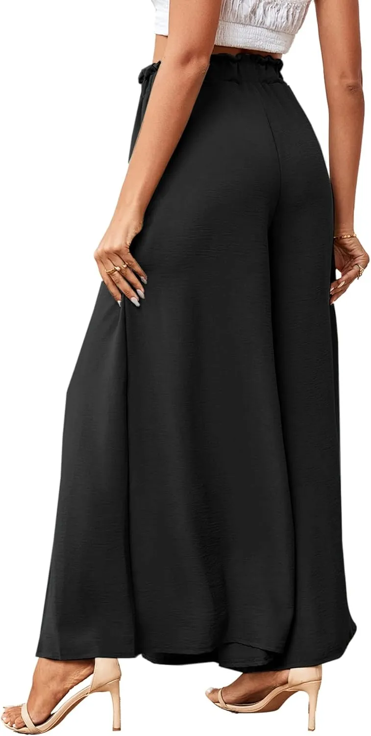 LYANER Women's Tie Front High Waist Side Split Slit Flowy Wide Leg Pleated Pant with Belt