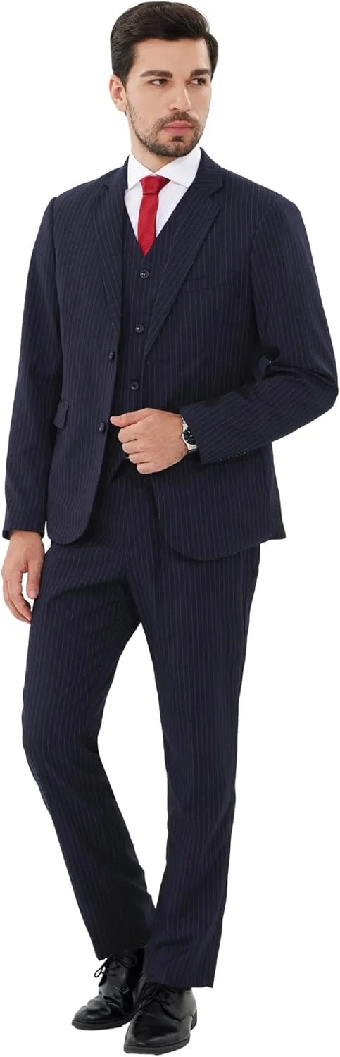 MAGE MALE Mens Pinstripe 3 Piece Suit Slim Fit Elegant Single Breasted Business Wedding Party Blazer Vest& Pants Set