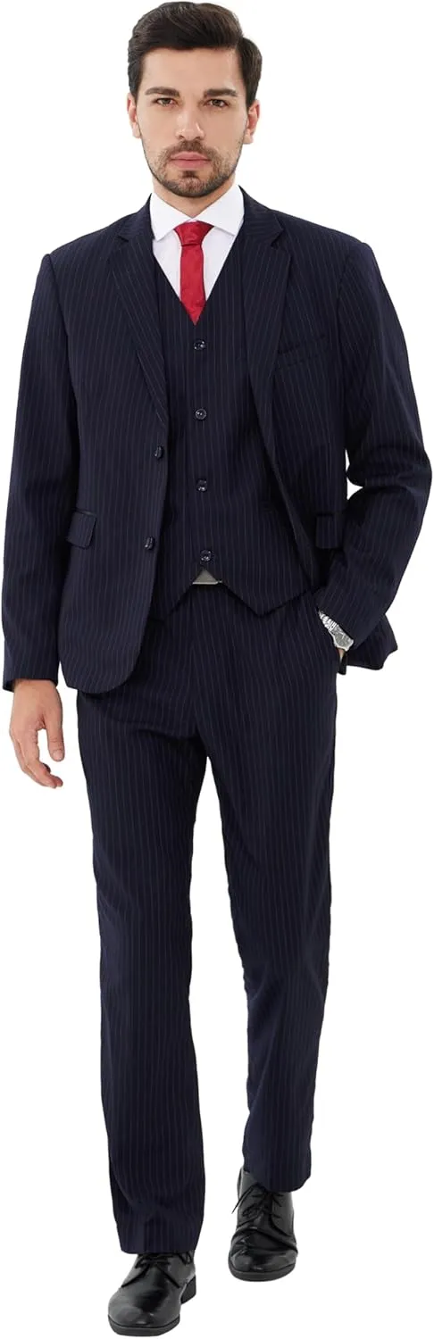 MAGE MALE Mens Pinstripe 3 Piece Suit Slim Fit Elegant Single Breasted Business Wedding Party Blazer Vest& Pants Set