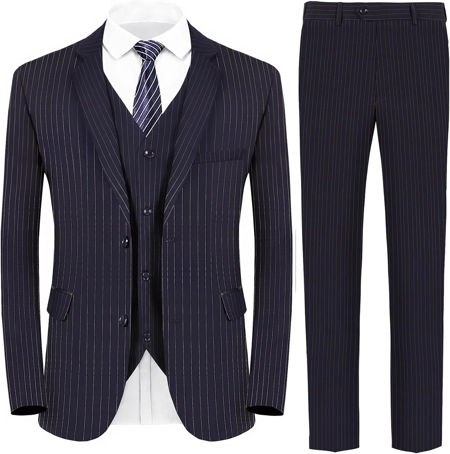 MAGE MALE Mens Pinstripe 3 Piece Suit Slim Fit Elegant Single Breasted Business Wedding Party Blazer Vest& Pants Set