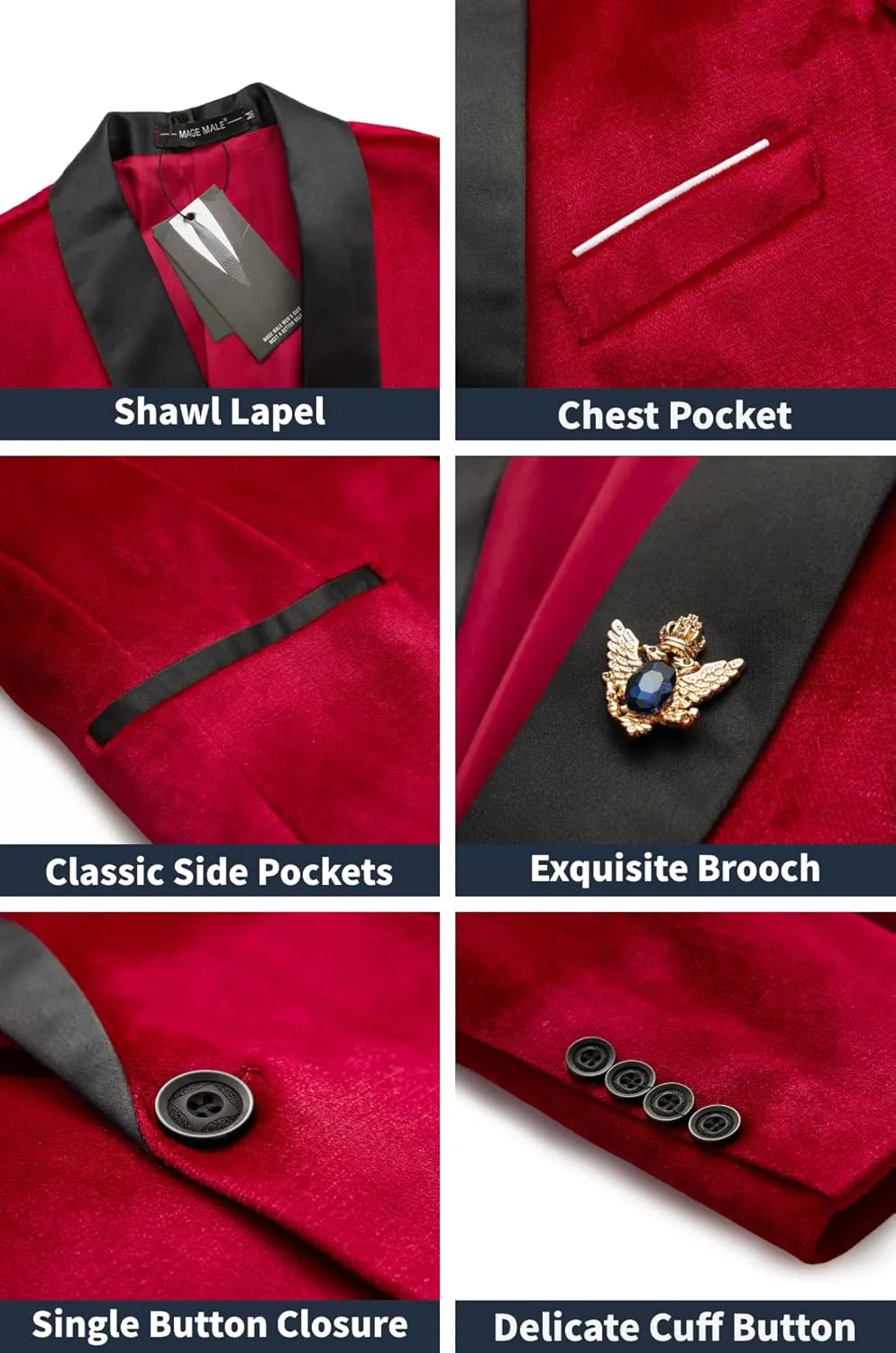 MAGE MALE Men's Velvet Slim Fit Suit Blazer Jacket Shawl Lapel One Button Dinner Prom Wedding Tuxedo