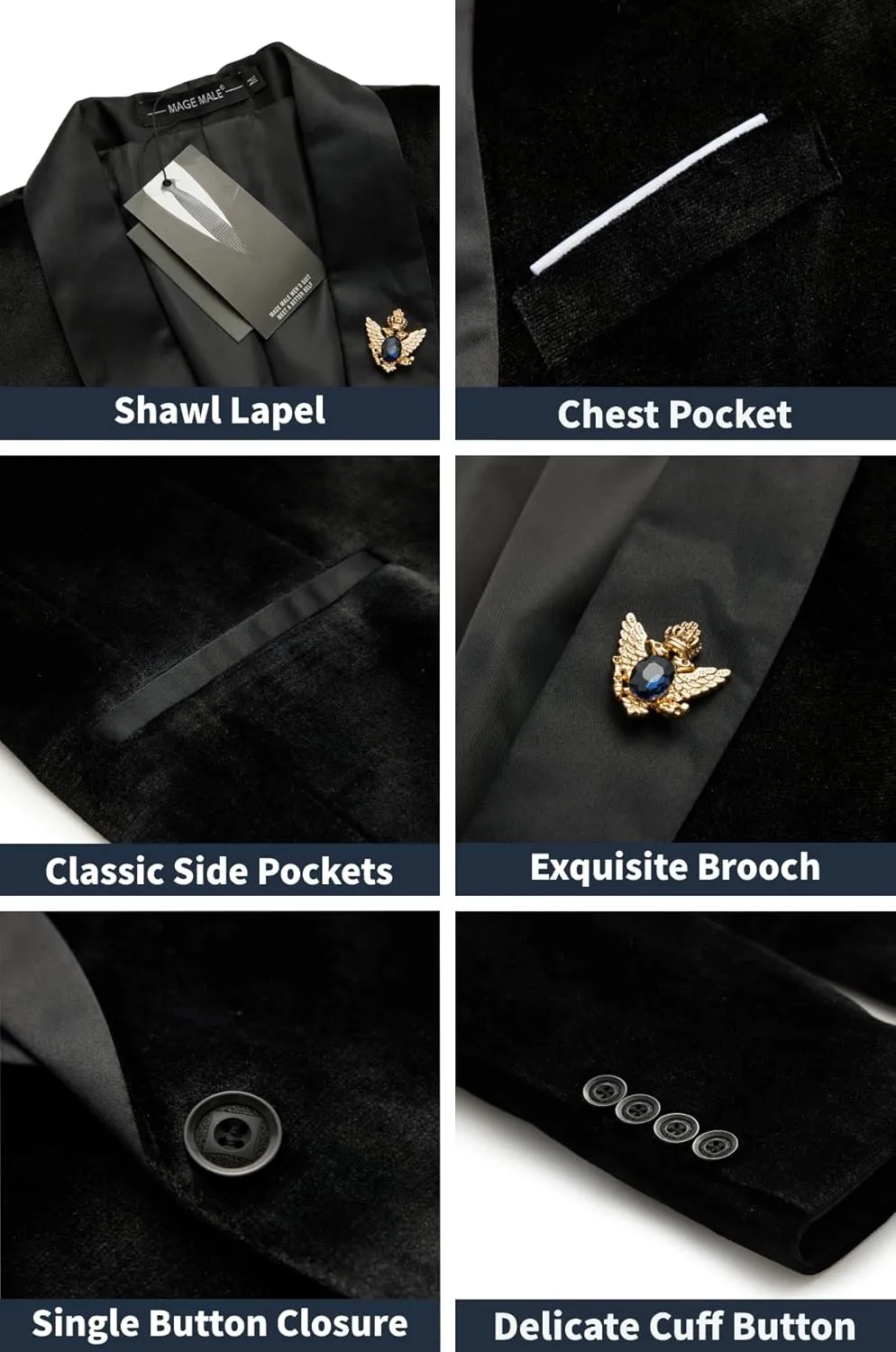 MAGE MALE Men's Velvet Slim Fit Suit Blazer Jacket Shawl Lapel One Button Dinner Prom Wedding Tuxedo