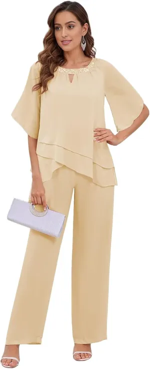 MAGGCIF 2 Pieces Mother of The Bride Pant Suits for Women Dressy Sets Ruffle Layers Chiffon Formal Wedding Guest Outfit