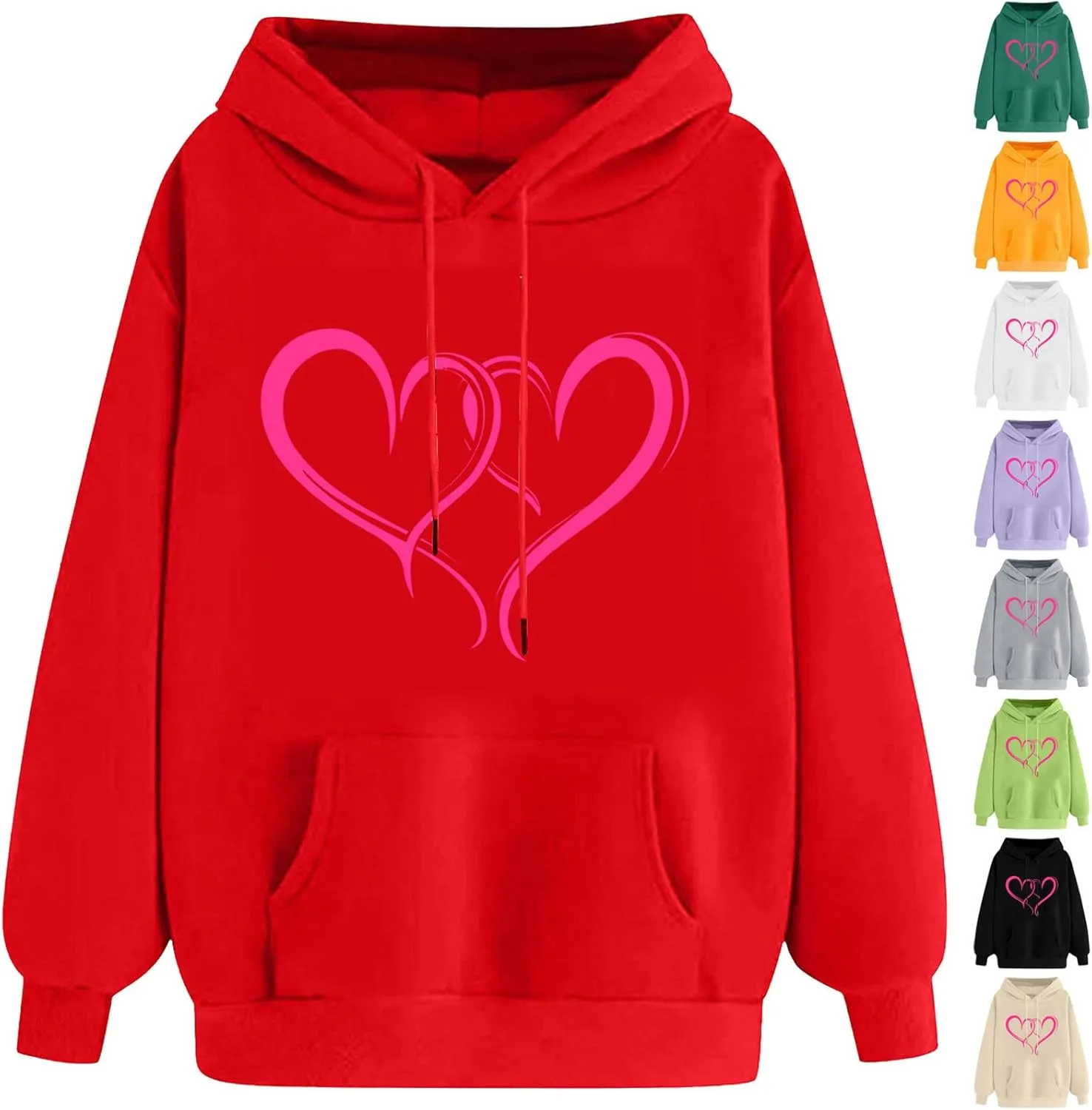 maisdgop Oversized Hoodies for Women Long Sleeve Heart Print Drawstring Hooded Sweatshirts Causal 2025 Valentines Pullover