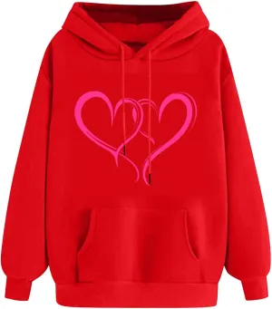 maisdgop Oversized Hoodies for Women Long Sleeve Heart Print Drawstring Hooded Sweatshirts Causal 2025 Valentines Pullover
