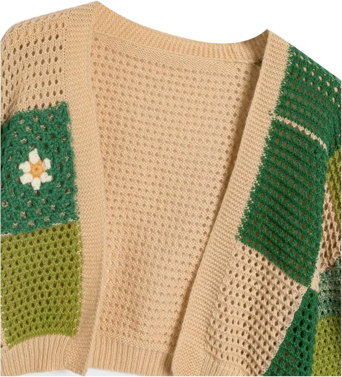 MakeMeChic Women's Plus Size Crochet Floral Lantern Sleeve Open Front Drop Shoulder Cropped Cardigan Sweater