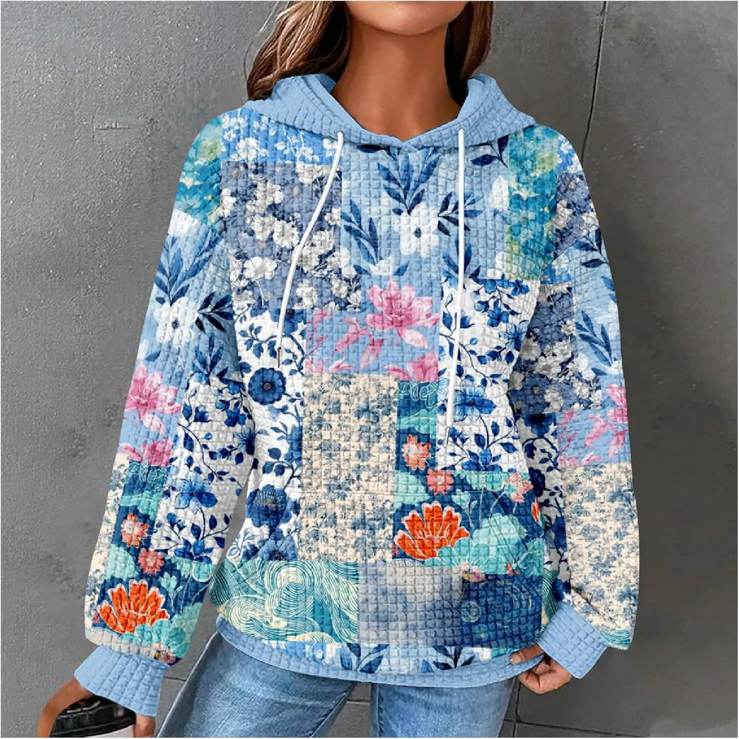MARSVOVO Patchwork Hoodie for Women Dressy Drawstring Waffle Sweatshirt Pullover Oversized Casual Spring Fall Hoodies