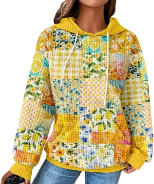 MARSVOVO Patchwork Hoodie for Women Dressy Drawstring Waffle Sweatshirt Pullover Oversized Casual Spring Fall Hoodies