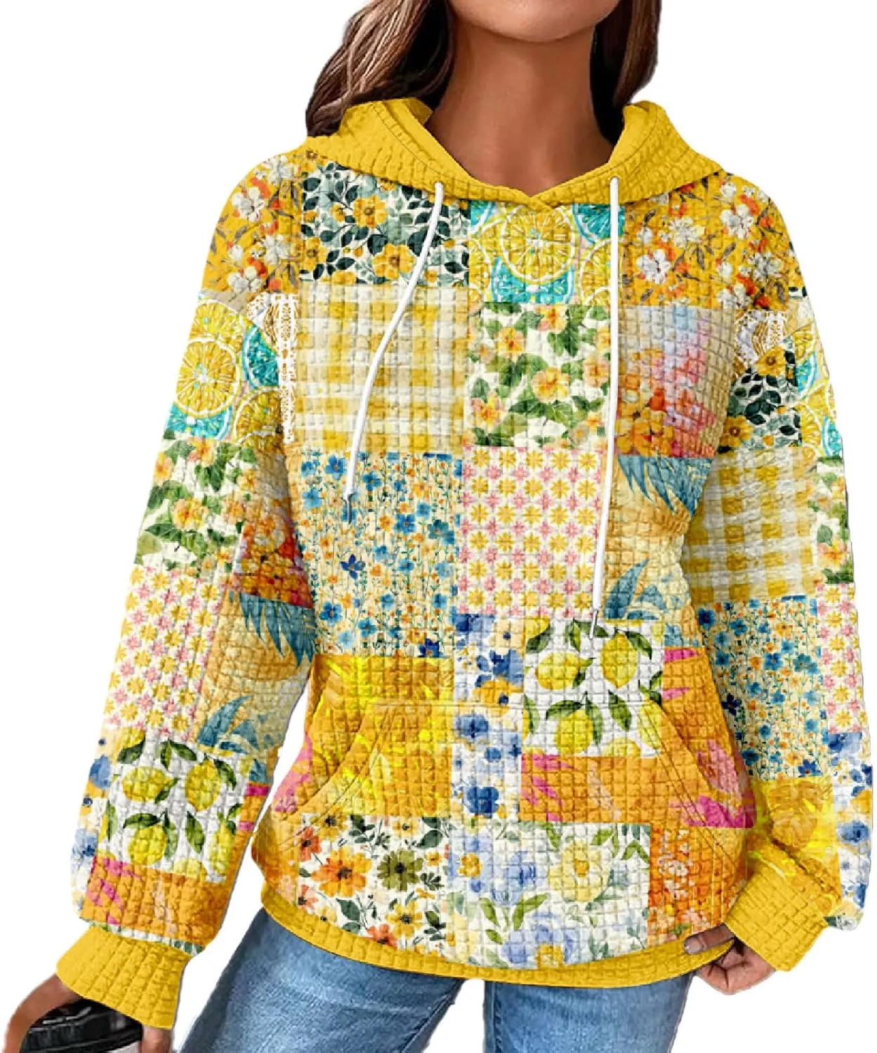 MARSVOVO Patchwork Hoodie for Women Dressy Drawstring Waffle Sweatshirt Pullover Oversized Casual Spring Fall Hoodies