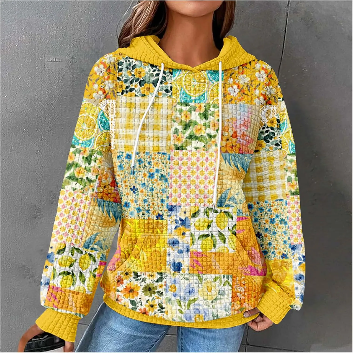 MARSVOVO Patchwork Hoodie for Women Dressy Drawstring Waffle Sweatshirt Pullover Oversized Casual Spring Fall Hoodies