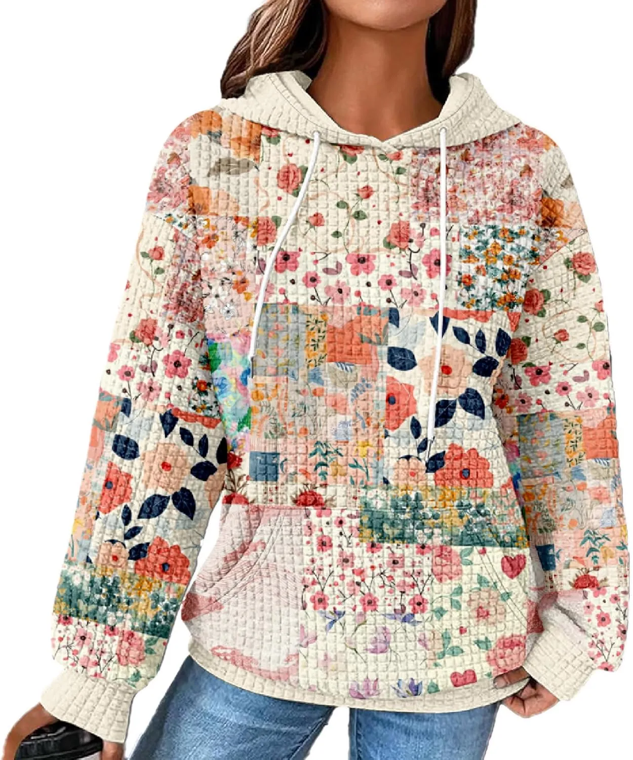 MARSVOVO Patchwork Hoodie for Women Dressy Drawstring Waffle Sweatshirt Pullover Oversized Casual Spring Fall Hoodies