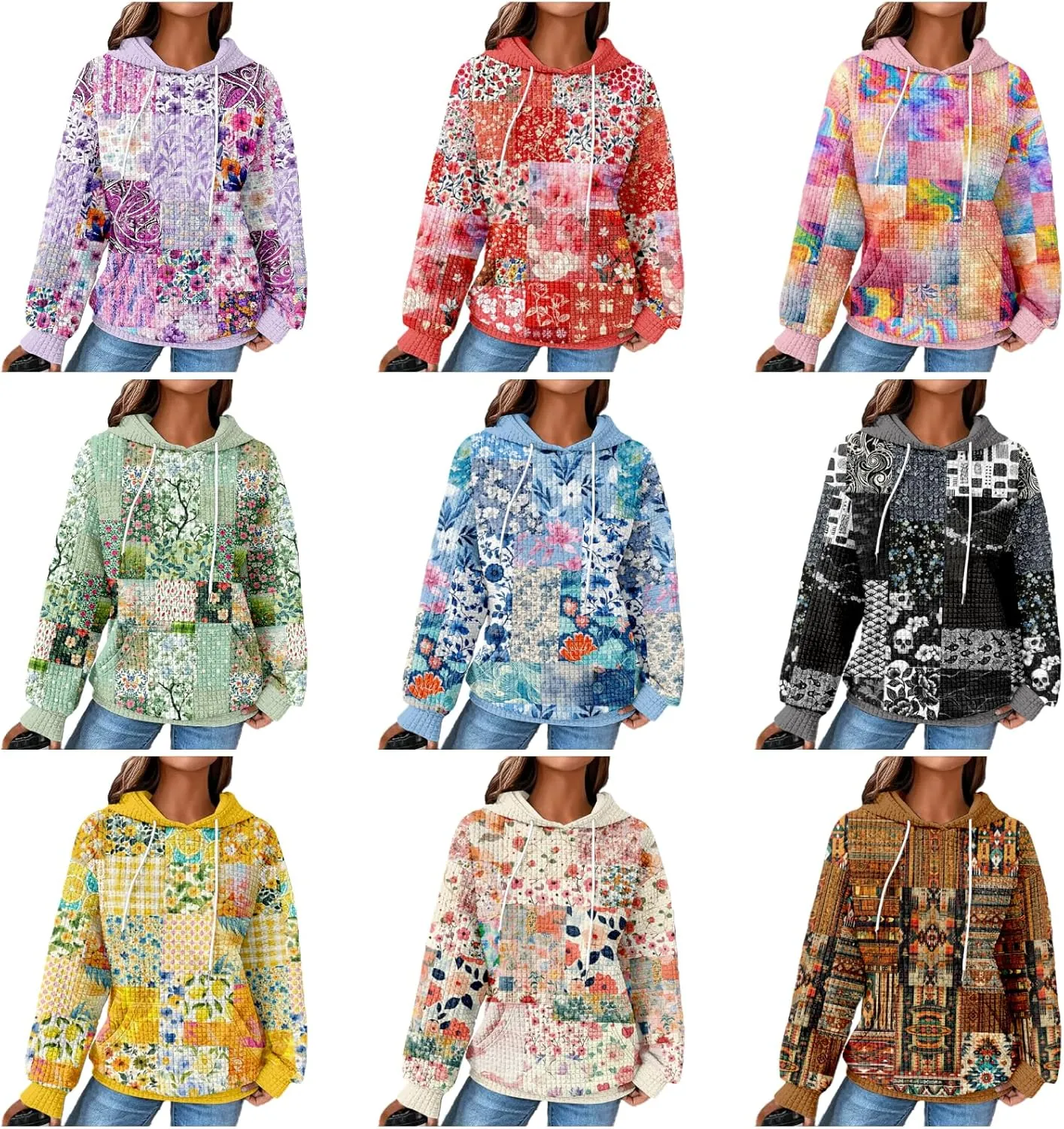 MARSVOVO Patchwork Hoodie for Women Dressy Drawstring Waffle Sweatshirt Pullover Oversized Casual Spring Fall Hoodies
