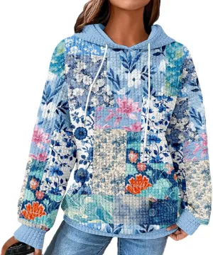 MARSVOVO Patchwork Hoodie for Women Dressy Drawstring Waffle Sweatshirt Pullover Oversized Casual Spring Fall Hoodies