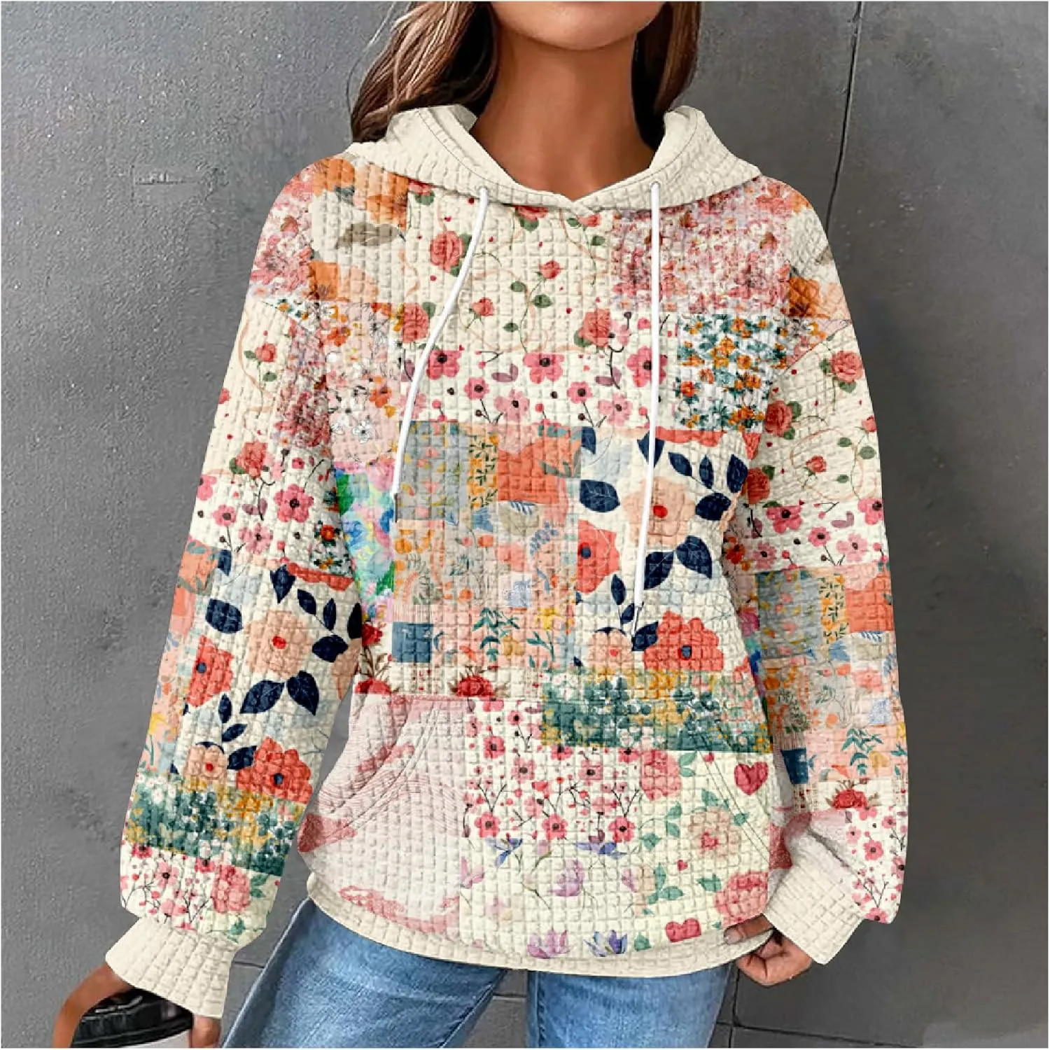 MARSVOVO Patchwork Hoodie for Women Dressy Drawstring Waffle Sweatshirt Pullover Oversized Casual Spring Fall Hoodies