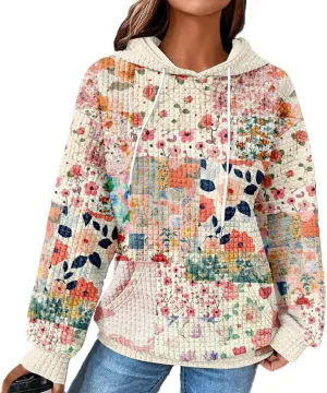 MARSVOVO Patchwork Hoodie for Women Dressy Drawstring Waffle Sweatshirt Pullover Oversized Casual Spring Fall Hoodies
