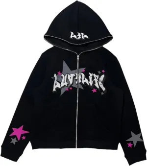Meiweileya Womens Y2k Zip Up Vintage Star Graphic Oversized Hoodies Goth Skeleton Spider Print Sweatshirts