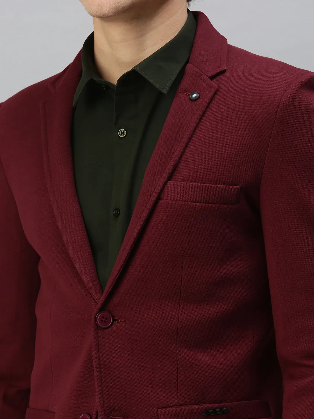 Men Maroon Solid Casual Single-Breasted Slim-Fit Blazer
